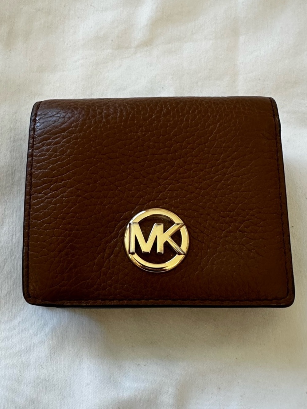 Michael Kors Brown Pebbled Leather Bifold Wallet Zip Coin Pocket Gold Logo